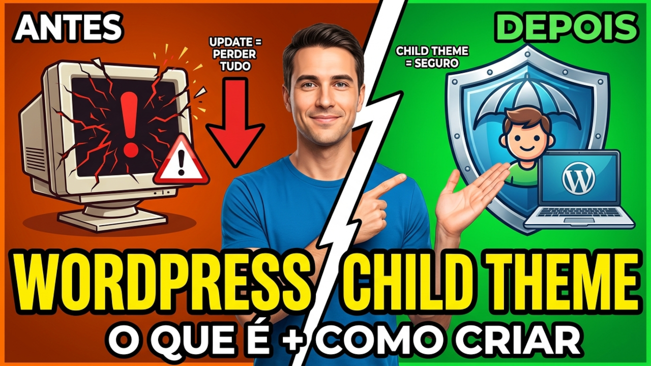 Thumbnail tutorial WordPress child theme: lado esquerdo problema de atualizações, lado direito escudo de proteção com tema filho