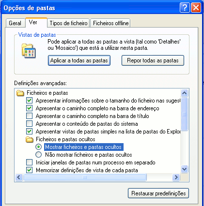 Windows XP - Mostrar ficheiros e pastas ocultas