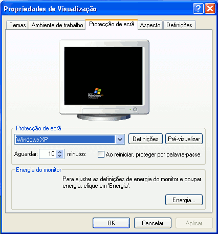 Windows XP - Propriedades de Visualização - Protecção de Ecrã